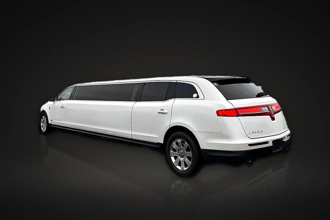 White Lincoln MKT stretch limousine, rear three-quarter view
