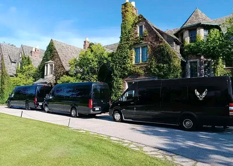 Three black Mercedes Sprinters outside a stone mansion